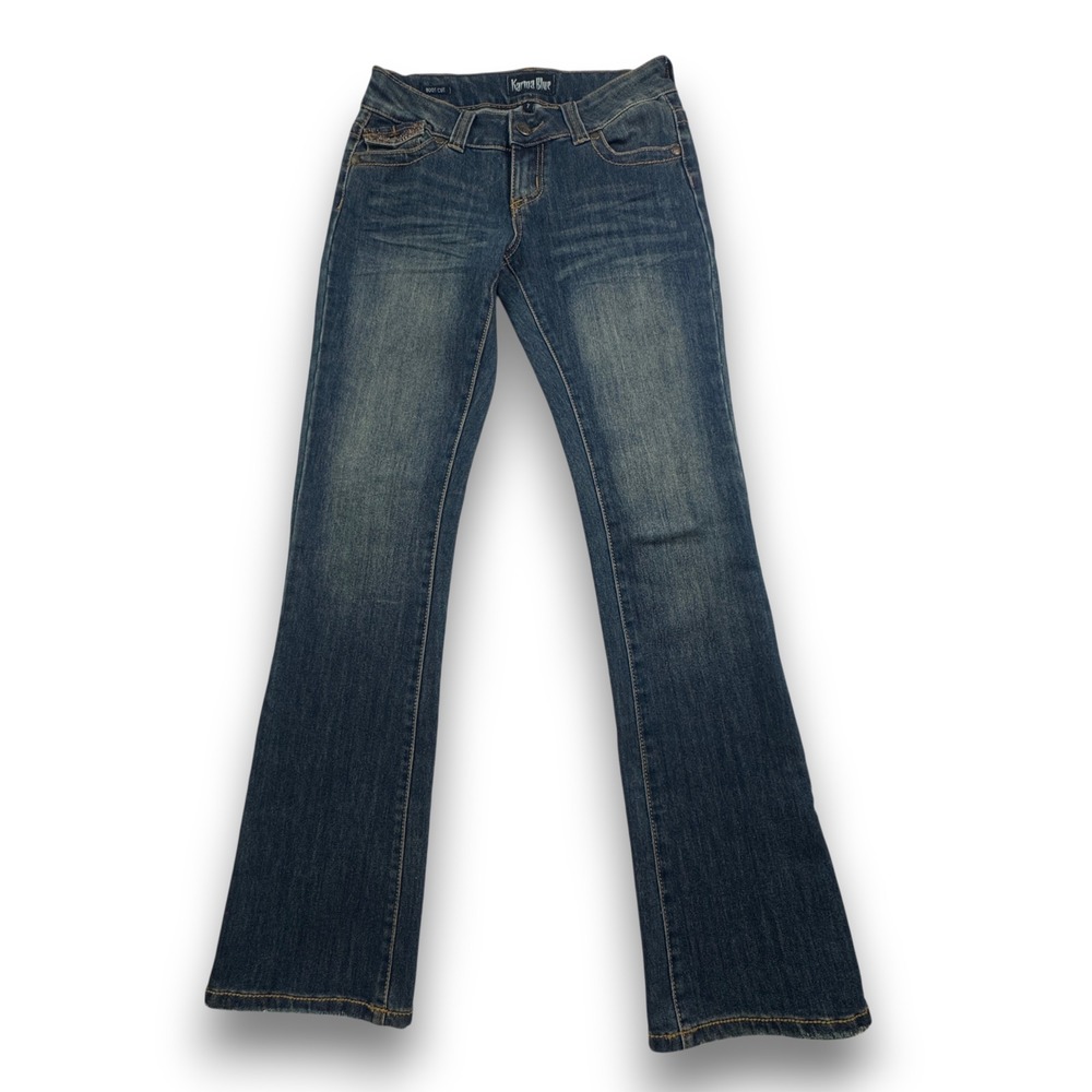 Karma Blue Womens Dark Wash Embroidered Flap Pocket Bootcut Jeans Size 7